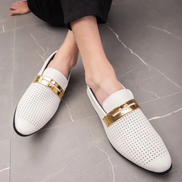 Men's Prom Shoes - Ivory Perforated Faux Leather Loafers with Gold Buckle Detail for Formal Occasions