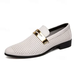 Men's Prom Shoes - Ivory Perforated Faux Leather Loafers with Gold Buckle Detail for Formal Occasions