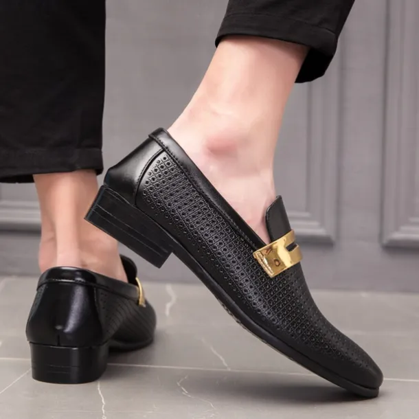 Men's Prom Shoes - Ivory Perforated Faux Leather Loafers with Gold Buckle Detail for Formal Occasions