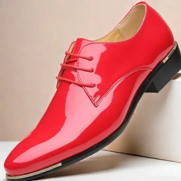 Men's Prom Shoes Vibrant Red Patent Leather Oxfords with Lace-Up Design for Stylish Formal Events