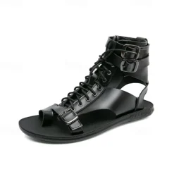 Men's PU Leather Sandals Gladiator Sandals Roman Sandals Black Sandals Classic Casual Beach Outdoor Daily Lace-up Shoes