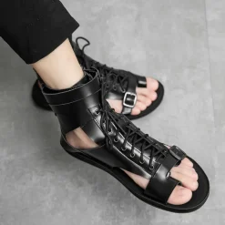 Men's PU Leather Sandals Gladiator Sandals Roman Sandals Black Sandals Classic Casual Beach Outdoor Daily Lace-up Shoes