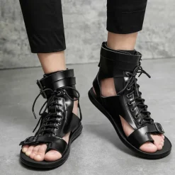 Men's PU Leather Sandals Gladiator Sandals Roman Sandals Black Sandals Classic Casual Beach Outdoor Daily Lace-up Shoes