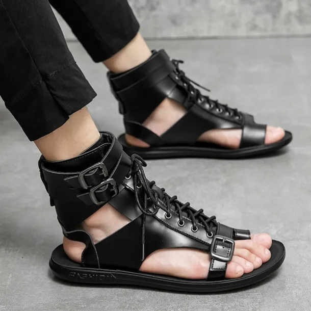 Men's PU Leather Sandals Gladiator Sandals Roman Sandals Black Sandals Classic Casual Beach Outdoor Daily Lace-up Shoes