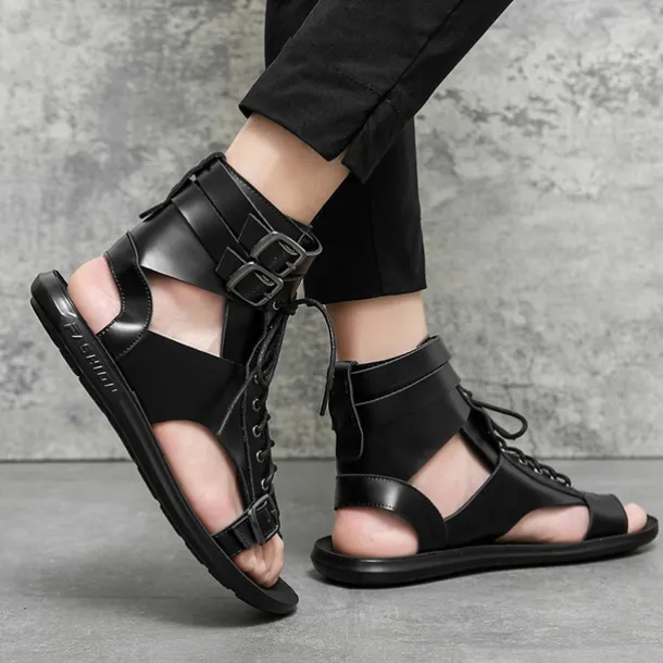 Men's PU Leather Sandals Gladiator Sandals Roman Sandals Black Sandals Classic Casual Beach Outdoor Daily Lace-up Shoes