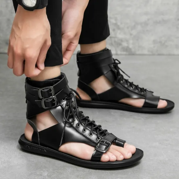 Men's PU Leather Sandals Gladiator Sandals Roman Sandals Black Sandals Classic Casual Beach Outdoor Daily Lace-up Shoes