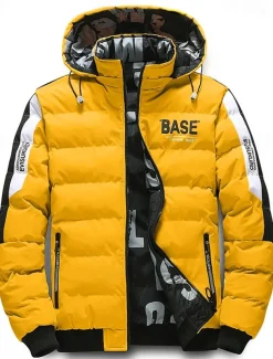 Men's Puffer Jacket Hoodie Coat Padded Zipper Pocket Print Sports Outdoor Regular Outdoor Casual / Daily Winter Letter Black Yellow Red Khaki Puffer Jacket