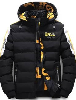 Men's Puffer Jacket Hoodie Coat Padded Zipper Pocket Print Sports Outdoor Regular Outdoor Casual / Daily Winter Letter Black Yellow Red Khaki Puffer Jacket