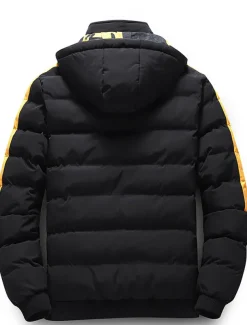 Men's Puffer Jacket Hoodie Coat Padded Zipper Pocket Print Sports Outdoor Regular Outdoor Casual / Daily Winter Letter Black Yellow Red Khaki Puffer Jacket