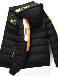 Men's Puffer Jacket Hoodie Coat Padded Zipper Pocket Print Sports Outdoor Regular Outdoor Casual / Daily Winter Letter Black Yellow Red Khaki Puffer Jacket