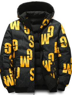 Men's Puffer Jacket Hoodie Coat Padded Zipper Pocket Print Sports Outdoor Regular Outdoor Casual / Daily Winter Letter Black Yellow Red Khaki Puffer Jacket