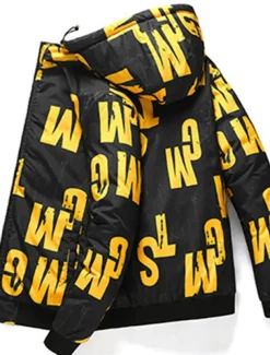 Men's Puffer Jacket Hoodie Coat Padded Zipper Pocket Print Sports Outdoor Regular Outdoor Casual / Daily Winter Letter Black Yellow Red Khaki Puffer Jacket