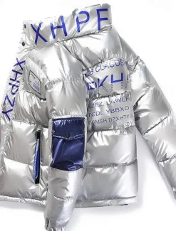 Men's Puffer Jacket Padded Parka Pocket Print Zipper Pocket Sports Outdoor Traveling Short Chic & Modern Outdoor Casual / Daily Winter Letter Silver Black Yellow Puffer Jacket