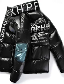 Men's Puffer Jacket Padded Parka Pocket Print Zipper Pocket Sports Outdoor Traveling Short Chic & Modern Outdoor Casual / Daily Winter Letter Silver Black Yellow Puffer Jacket