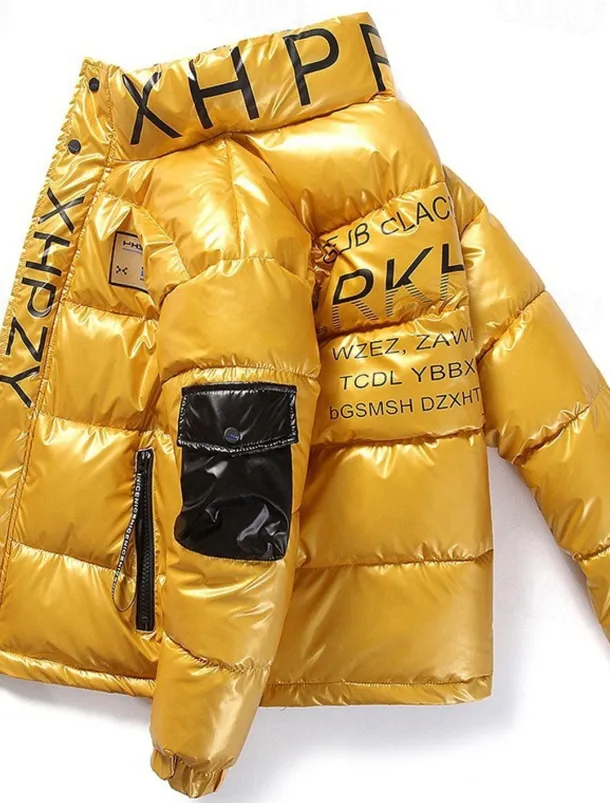 Men's Puffer Jacket Padded Parka Pocket Print Zipper Pocket Sports Outdoor Traveling Short Chic & Modern Outdoor Casual / Daily Winter Letter Silver Black Yellow Puffer Jacket