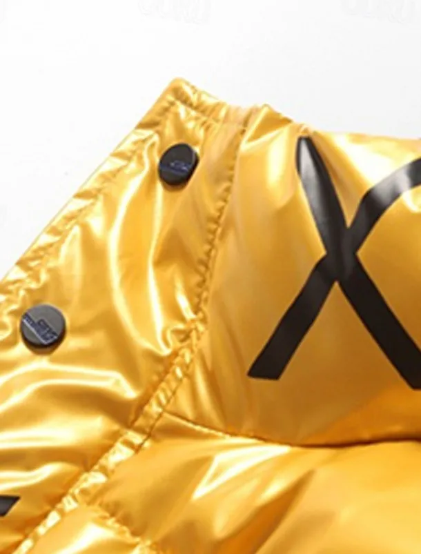 Men's Puffer Jacket Padded Parka Pocket Print Zipper Pocket Sports Outdoor Traveling Short Chic & Modern Outdoor Casual / Daily Winter Letter Silver Black Yellow Puffer Jacket