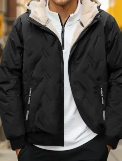 Men's Puffer Jacket Padded Pocket Full Zip Christmas Outdoor Street Regular Neutral Fashion Daily Winter Solid Color Black Gray Puffer Jacket