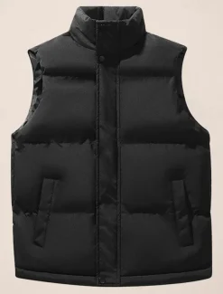 Men's Puffer Vest Daily Casual Spring & Fall Pocket Polyester Comfortable Solid Color Zipper Stand Collar Black White Blue Vest