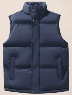Men's Puffer Vest Daily Casual Spring & Fall Pocket Polyester Comfortable Solid Color Zipper Stand Collar Black White Blue Vest
