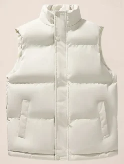 Men's Puffer Vest Daily Casual Spring & Fall Pocket Polyester Comfortable Solid Color Zipper Stand Collar Black White Blue Vest