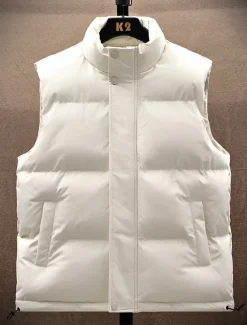 Men's Puffer Vest Daily Casual Spring & Fall Pocket Polyester Comfortable Solid Color Zipper Stand Collar Black White Blue Vest