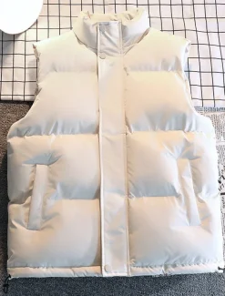 Men's Puffer Vest Daily Casual Spring & Fall Pocket Polyester Comfortable Solid Color Zipper Stand Collar Black White Blue Vest