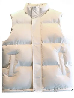 Men's Puffer Vest Daily Casual Spring & Fall Pocket Polyester Comfortable Solid Color Zipper Stand Collar Black White Blue Vest