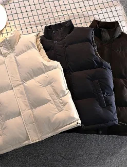 Men's Puffer Vest Daily Casual Spring & Fall Pocket Polyester Comfortable Solid Color Zipper Stand Collar Black White Blue Vest