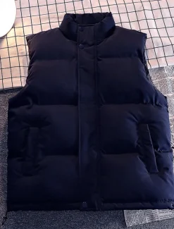 Men's Puffer Vest Daily Casual Spring & Fall Pocket Polyester Comfortable Solid Color Zipper Stand Collar Black White Blue Vest