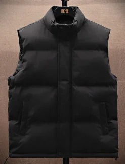 Men's Puffer Vest Daily Casual Spring & Fall Pocket Polyester Comfortable Solid Color Zipper Stand Collar Black White Blue Vest