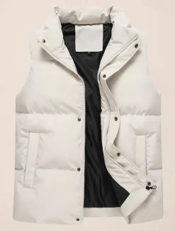 Men's Puffer Vest Daily Casual Fall & Winter Pocket Polyester Comfortable Plain Zipper Stand Collar Black Pink Blue Khaki Vest