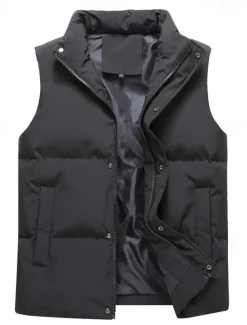 Men's Puffer Vest Daily Casual Fall & Winter Pocket Polyester Comfortable Plain Zipper Stand Collar Black Pink Blue Khaki Vest