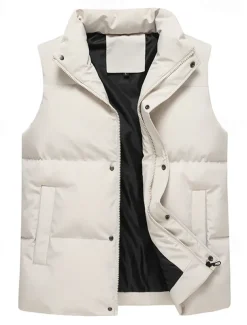 Men's Puffer Vest Daily Casual Fall & Winter Pocket Polyester Comfortable Plain Zipper Stand Collar Black Pink Blue Khaki Vest