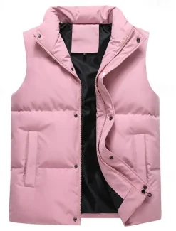Men's Puffer Vest Daily Casual Fall & Winter Pocket Polyester Comfortable Plain Zipper Stand Collar Black Pink Blue Khaki Vest