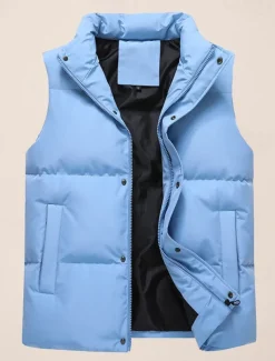 Men's Puffer Vest Daily Casual Fall & Winter Pocket Polyester Comfortable Plain Zipper Stand Collar Black Pink Blue Khaki Vest
