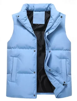 Men's Puffer Vest Daily Casual Fall & Winter Pocket Polyester Comfortable Plain Zipper Stand Collar Black Pink Blue Khaki Vest