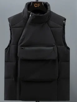 Men's Puffer Vest Daily Casual Spring & Fall Pocket Polyester Comfortable Solid Color Pullover Regular Fit Black Gray Vest