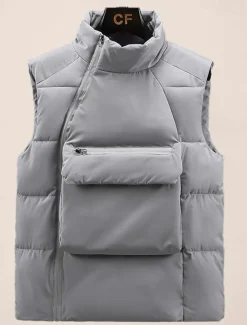 Men's Puffer Vest Daily Casual Spring & Fall Pocket Polyester Comfortable Solid Color Pullover Regular Fit Black Gray Vest