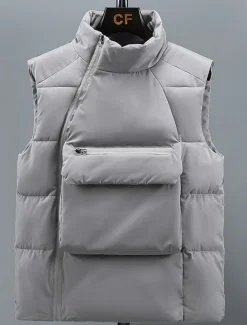 Men's Puffer Vest Daily Casual Spring & Fall Pocket Polyester Comfortable Solid Color Pullover Regular Fit Black Gray Vest