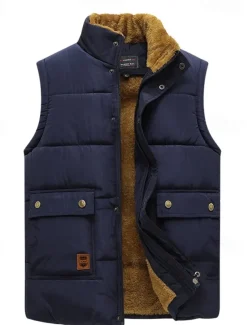 Men's Puffer Vest Fleece Vest Gilet Daily Date Vacation Fashion Casual Fall & Winter Pocket Polyester Warm Comfortable Solid Color Hidden Buttoned Front Stand Collar Regular Fit Black Blue Army Green