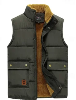 Men's Puffer Vest Fleece Vest Gilet Daily Date Vacation Fashion Casual Fall & Winter Pocket Polyester Warm Comfortable Solid Color Hidden Buttoned Front Stand Collar Regular Fit Black Blue Army Green