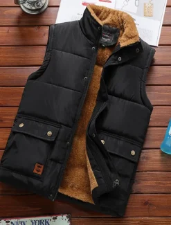Men's Puffer Vest Fleece Vest Gilet Daily Date Vacation Fashion Casual Fall & Winter Pocket Polyester Warm Comfortable Solid Color Hidden Buttoned Front Stand Collar Regular Fit Black Blue Army Green