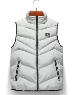 Men's Puffer Vest Gilet Quilted Vest Cardigan Outdoor Street Daily Going out Streetwear Sporty Fall Winter Pocket Full Zip Polyester Warm Breathable Solid Color Zipper Stand Collar Regular Fit Black