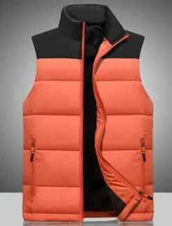 Men's Puffer Vest Gilet Quilted Vest Daily Date Vacation Fashion Casual Fall & Winter Zipper Pocket Polyester Warm Comfortable Color Block Zipper Stand Collar Regular Fit Orange Light Grey Dark Gray