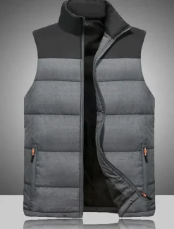 Men's Puffer Vest Gilet Quilted Vest Daily Date Vacation Fashion Casual Fall & Winter Zipper Pocket Polyester Warm Comfortable Color Block Zipper Stand Collar Regular Fit Orange Light Grey Dark Gray