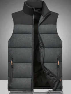 Men's Puffer Vest Gilet Quilted Vest Daily Date Vacation Fashion Casual Fall & Winter Zipper Pocket Polyester Warm Comfortable Color Block Zipper Stand Collar Regular Fit Orange Light Grey Dark Gray