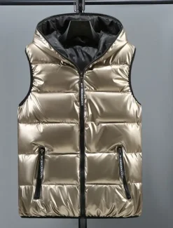 Men's Puffer Vest Hoodie Vest Padded Gilet Quilted Vest Daily Date Vacation Fashion Casual Fall & Winter Pocket Polyester Warm Comfortable Solid Color Zipper Hooded Regular Fit Silver Black Red Gold
