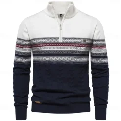 Men's Pullover Sweater Jumper Ribbed Knit Standing Collar Clothing Apparel Bishop Sleeve Spring & Fall White Navy Blue S M L