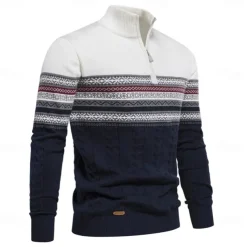 Men's Pullover Sweater Jumper Ribbed Knit Standing Collar Clothing Apparel Bishop Sleeve Spring & Fall White Navy Blue S M L
