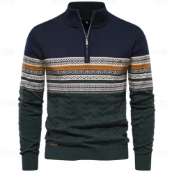 Men's Pullover Sweater Jumper Ribbed Knit Standing Collar Clothing Apparel Bishop Sleeve Spring & Fall White Navy Blue S M L